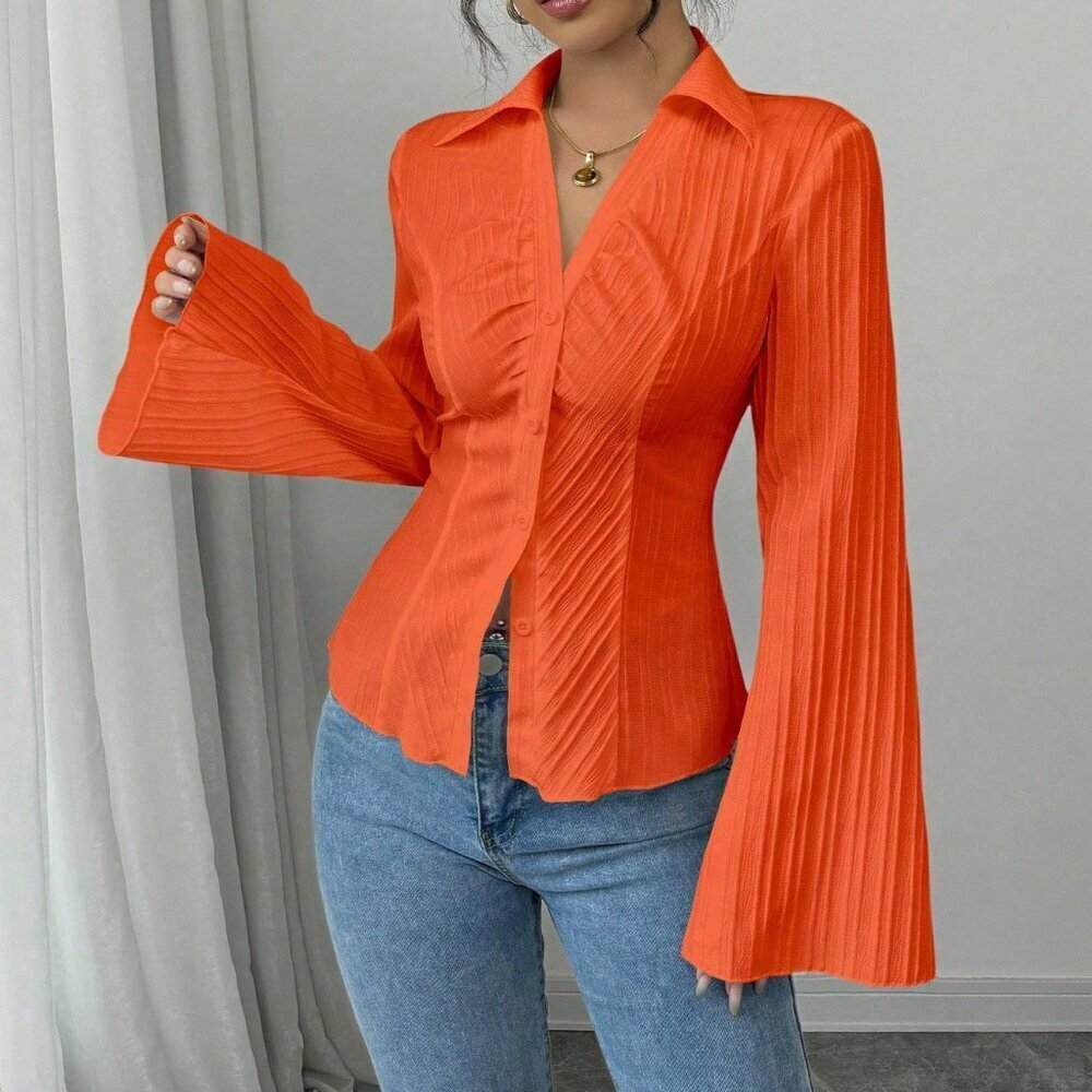 Orange Casual Women's French Style V-Neck Blouse